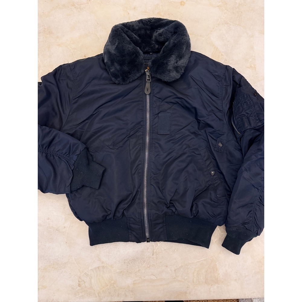 Alpha Industries B-15 Flight Jacket Navy Blue Faux Fur Collar Mens Large